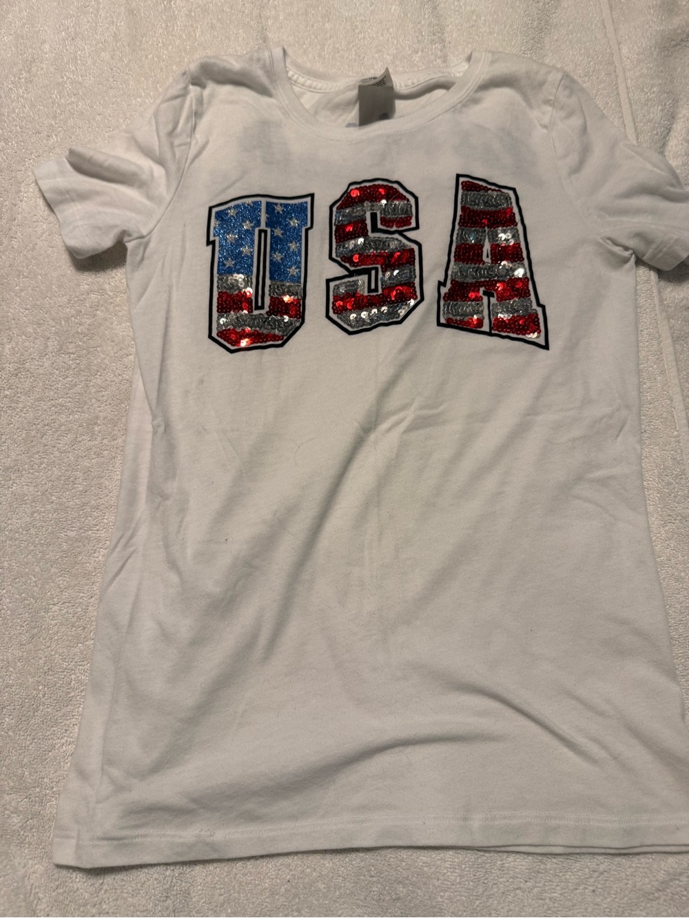 PINK Victoria's Secret White Short Sleeve Tee with Red & Blue Sequin USA Graphic